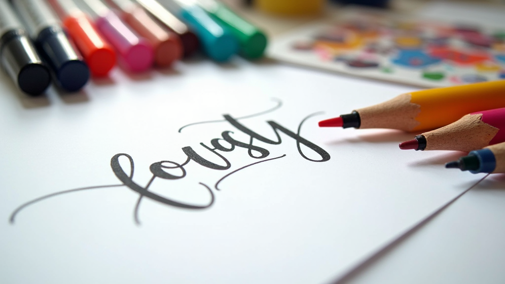 A set of colorful specialty pens, blank sheets of white paper, and a partially completed hand lettering project