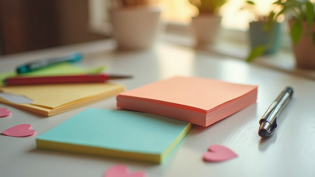 A small stack of colorful sticky notes and pens at a sunlit window, with a handwritten note visible, surrounded by cozy everyday clutter.