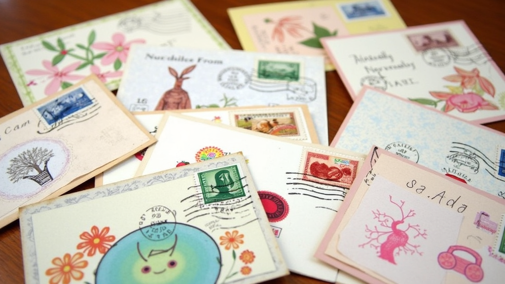 A collection of unique mail art envelopes and mixed media postcards with colorful stamps and creative hand-drawn decorations, spread across a wooden table.